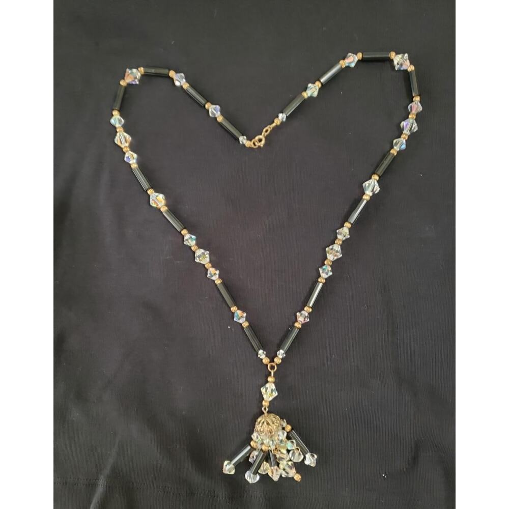 Vintage Crystal Gold Tone Beads & Black Stations with Cluster